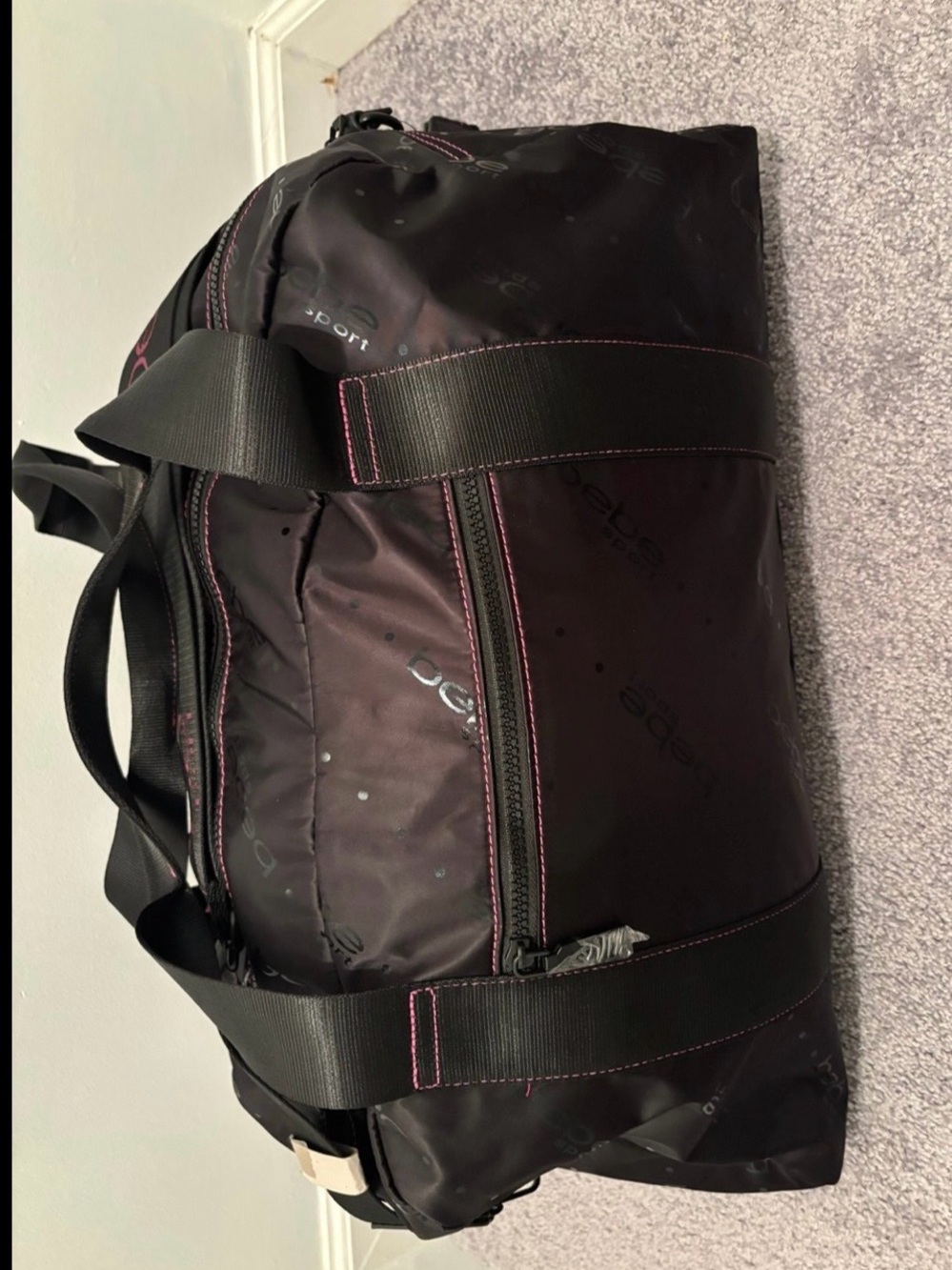 Bebe Sport Large Nylon Black Duffel Bag with Pink